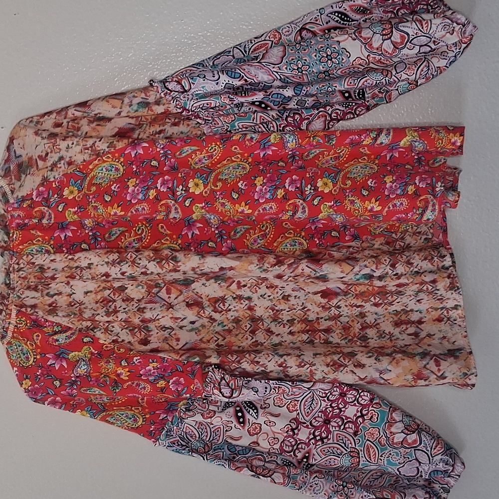 Savanna Jane Mixed Print Floral Embroidered Blouse Ruffle Tie Neck Boho L - Picture 4 of 16
